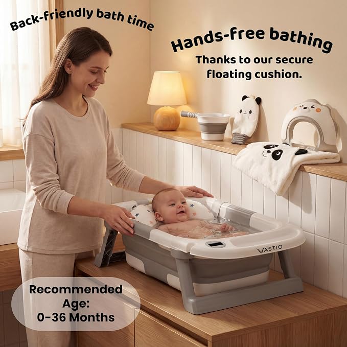 6-in-1 Collapsible Baby Bathtub Set with Thermometer, Foldable Infant Tub for Newborn to Toddler, Portable Bath Set with Cushion, Rinse Cup, Cap, Towel & Mitt, All-in-One Baby Bath Essentials
