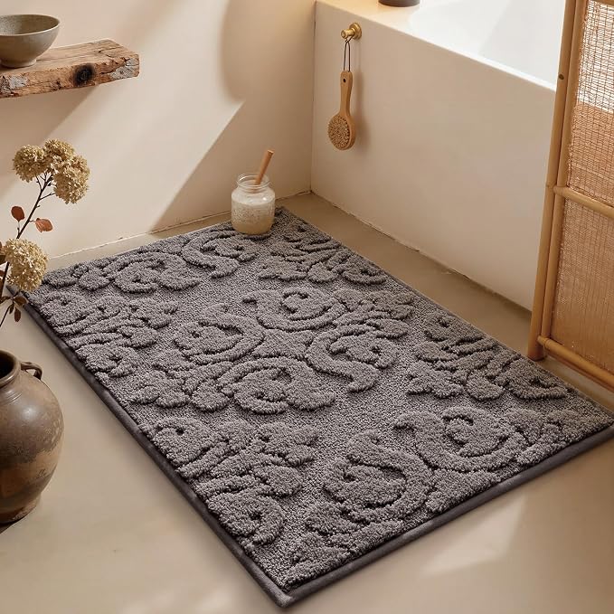 LUMI Bathroom Rugs Non Slip Rubber Backing, Ultra Soft Microfiber Bath Mat Machine Washable, Elegant Floral Bath Rugs for Shower Floor, Bathtub, Sink, 17x30, Grey