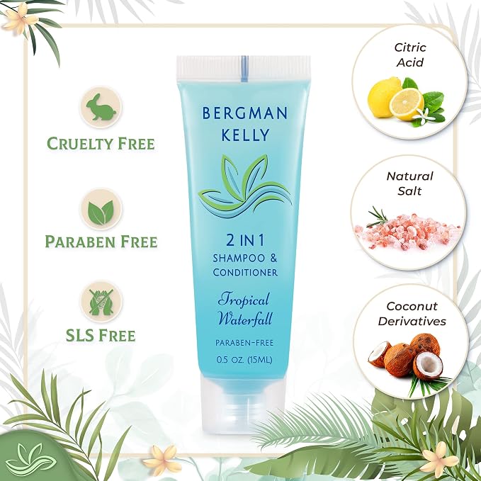Bergman Kelly - Travel Size 2 in 1 Shampoo & Conditioner - 0.5 fl oz, 200 PK, Tropical Waterfall - Delight Your Guests w/Invigorating & Refreshing Shampoo Amenities - Small Hotel Toiletries in Bulk