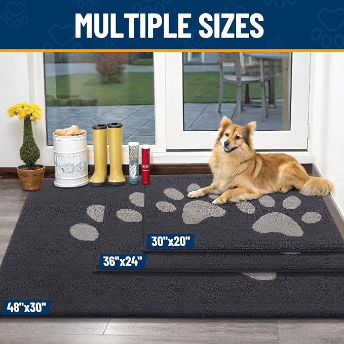 Smiry Dog Door Mat for Muddy Paws, Absorbs Moisture and Dirt, Low-Profile Entryway Mat with Non-Slip Backing, Entry Indoor Outdoor Doormat for Inside Floor (40x32 Inches, Dark Grey, Paw