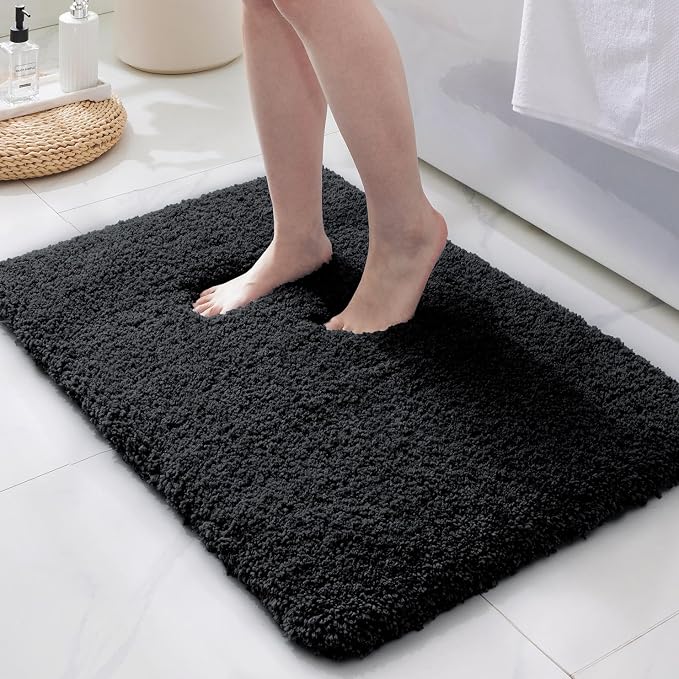 ILANGO Black Bathroom Rugs 24" × 17" Small Non Slip & Super Absorbent Extra Thick Soft, Washable Bath Mat for Floor, Microfiber Plush Shaggy Bath Rug with Rubber for Bathtub Shower Room Sink