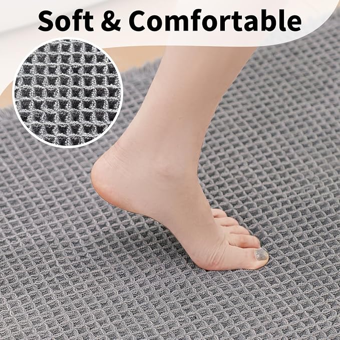 Waffle Runner Bath Mat - Long Boho Bathroom Rugs Non Slip Washable, Super Absorbent & Quick Dry, Soft Bath Mat Farmhouse Bathroom Decor, 24'' x 60'', Light Grey