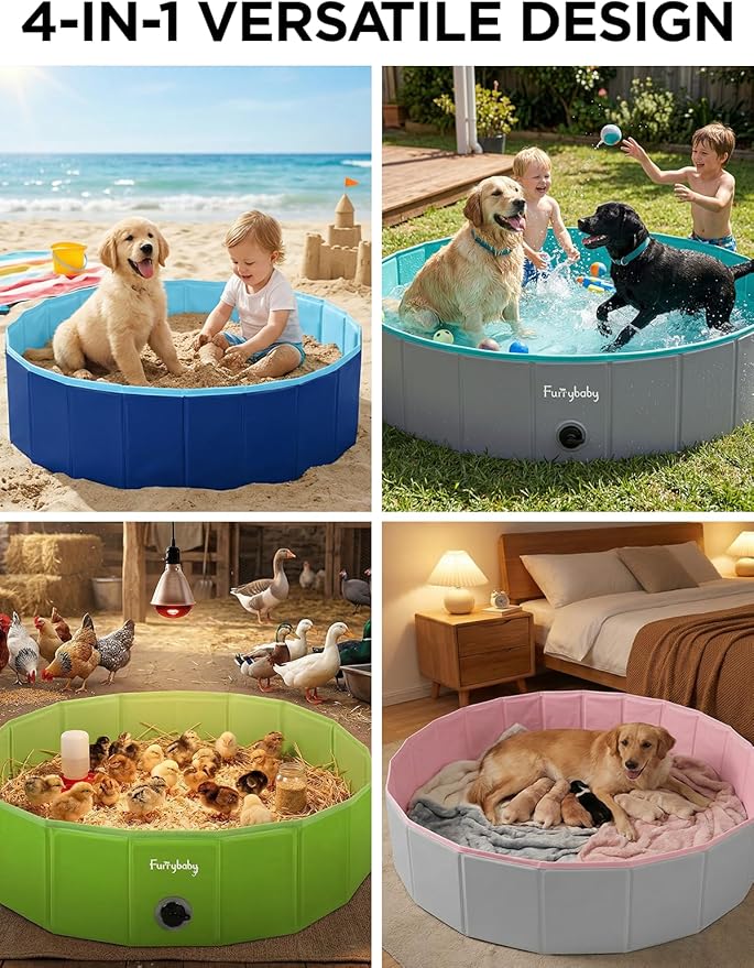 Furrybaby Dog Pool, Kiddie Pool with Hard Plate Collapsible Pet Bath Foldable Swimming Pet Pool Portable Grey 39''