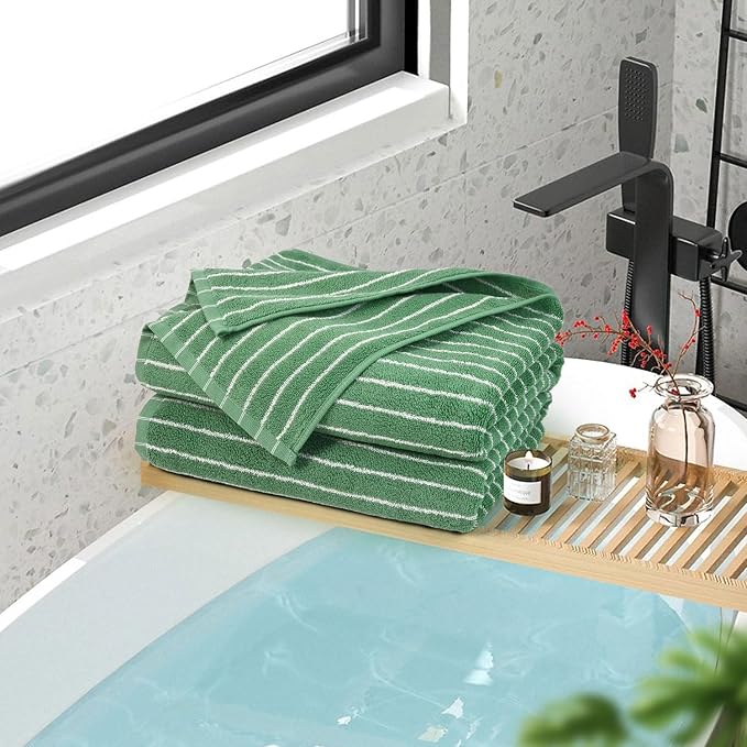 Jacquotha Bath Towels 2 Pack, Lighter & Quick Dry Towels Large 27.5 x 55 inches, Luxury Terry Cotton Towels for Bathroom Beach Swim, Forest Green & White Striped