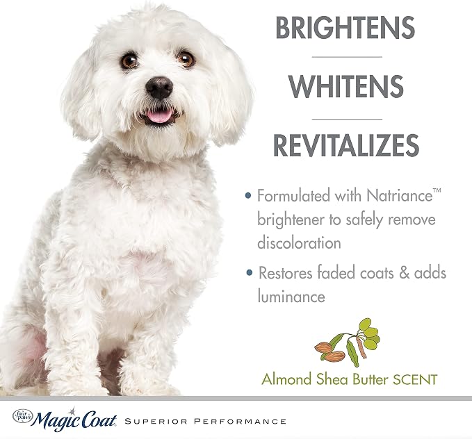 Four Paws Magic Coat Bright White Dog Shampoo, Almond Shea Butter Scent | 16 oz, brightening dog wash, removes tear stains, dog conditioner, removes discoloration & whitens coat, all coat types