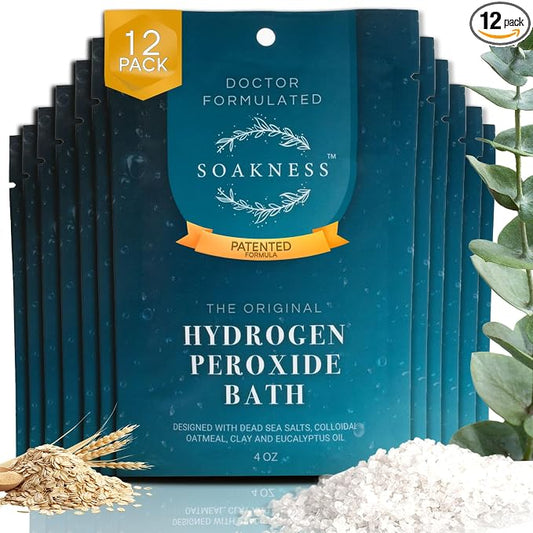 Soakness Hydrogen Peroxide Epsom Salt Bath Soak - USA-Made – Patented Bath Salts, Muscle Recovery, & Skin Detoxification – Magnesium Salts for Bathing - Doctor Formulated Pure Epsom Salt (12-Pack)