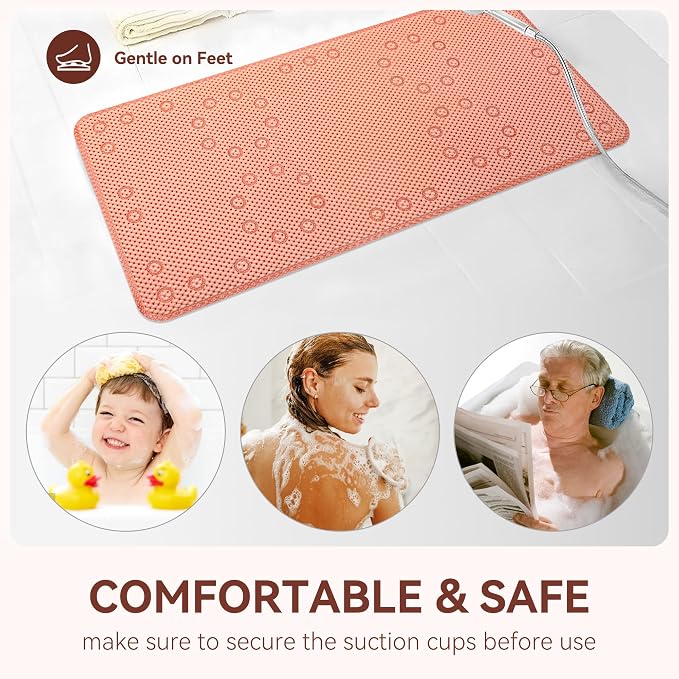 Bathtub Mat Non Slip, Soft Foam Bath Mat for Tub, Bathtub Mat with Drain Holes, Suction Cups Shower Mat (Orange, 36''X17'')