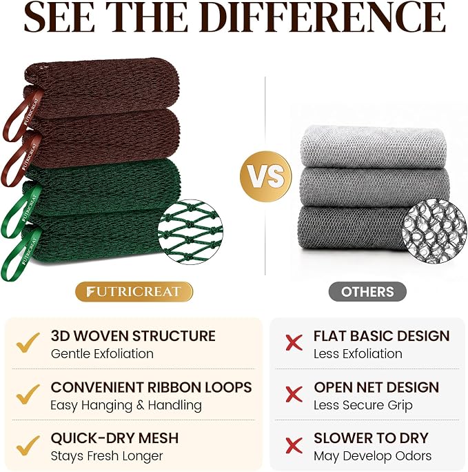 4 Pack African Net Sponge Authentic, Exfoliating Washcloth, Body & Back Scrubber, Better Alternative to Traditional Loofahs, Perfect for Daily Shower & Travel, Brown & Forest Green