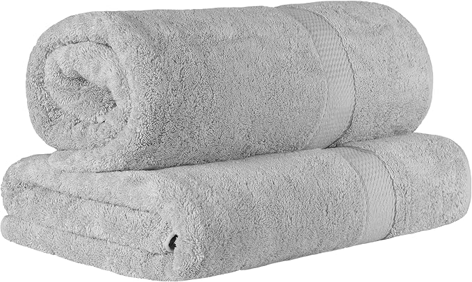 SUPERIOR Egyptian Cotton Pile Heavyweight Bath Sheet, 2 Piece Set, Silver | Highly Absorbent, Ultra Soft Luxury 800 GSM Towel Set for Bathroom, Shower, Hotel Essentials Oversize Plush Madeline Towels
