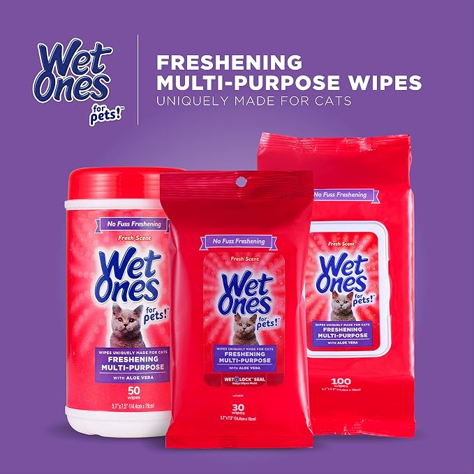 Wet Ones for Pets Freshening Multipurpose Cat Wipes with Aloe Vera, Fresh Scent - Easy to Use Cat Freshening and Grooming Wipes with Wet Lock Seal, 100 Count - 12 Pack