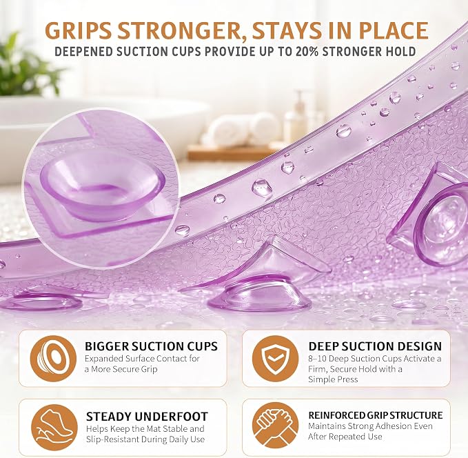 Yimobra Non Slip Bath Mat, Super Strong Suction Cups,35"X16"Long Tub Mat with Drain Holes, Machine Washable Fast Draining Shower Mats, Bathroom Essentials, Clear Purple