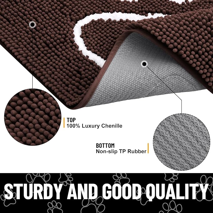 Smiry Dog Door Mat for Muddy Paws, Absorbent Dirt Trapper Non Slip Quick Dry Washable Chenille Mat for Mud Dogs, Entry Rug for Indoor and Outdoor (47x20 Inches, Brown and White)