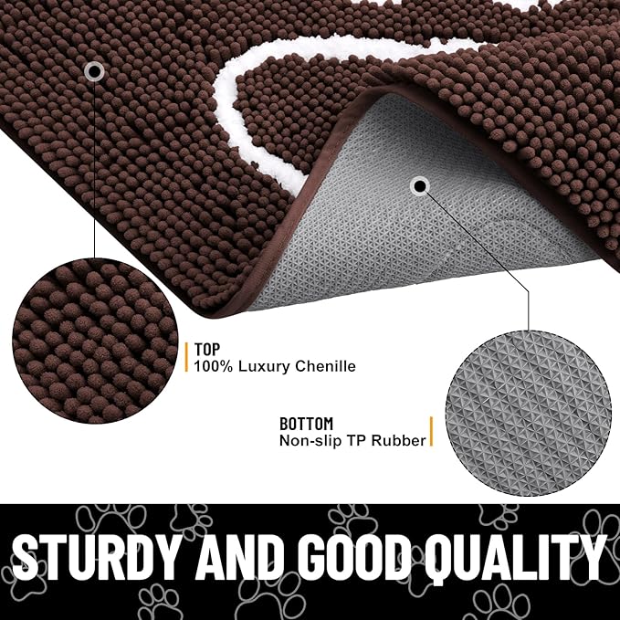 Smiry Dog Door Mat for Muddy Paws, Absorbent Dirt Trapper Non Slip Quick Dry Washable Chenille Mat for Mud Dogs, Entry Rug for Indoor and Outdoor (36x24 Inches, Brown and White)