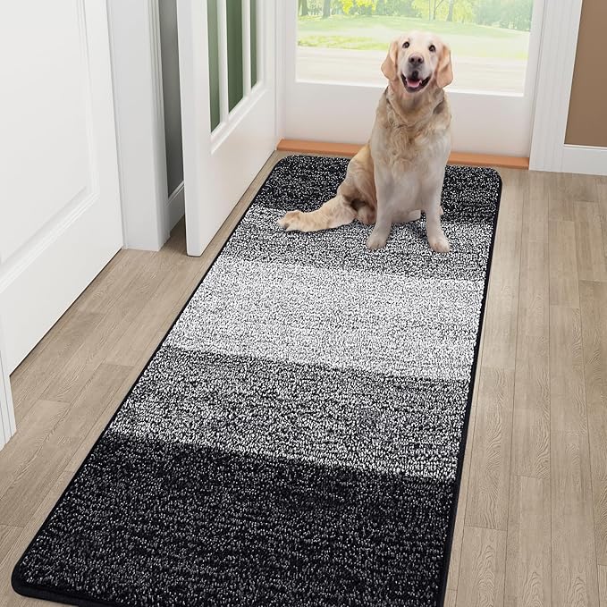Smiry Dog Door Mat for Muddy Paws, Absorbs Moisture and Dirt, Low-Profile Entryway Mat with Non-Slip Backing, Entry Indoor Outdoor Doormat for Inside Floor (44x32 Inches, Black, Striped)