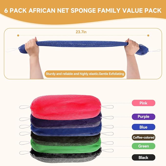 African Net Sponge 6Pk Long Multi Color Exfoliating Body Scrub | Quick Dry, Mildew Resistant Exfoliating African Bath Net for Back & Full Body Shower Cleansing