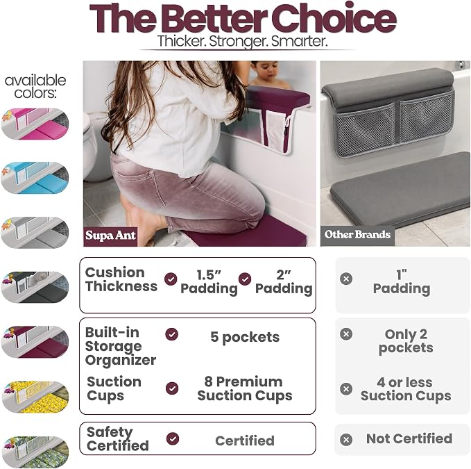 Supa Ant Bath Kneeler –8 Suction Cups & 1.5" Padding.Certified Non Toxic Bath Kneeling Pad for Bath Tub & 5 Bath Toy Organizer. Fast Dry Baby Bath Kneeler and Elbow Rest Pad Set Bordeaux