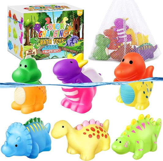 Color Changing No Hole Toddler Bath Toys for Kids Ages 1-3 4-8, Dinosaur Bath Toys for Water Table Toddlers 2-4, Dinosaur Toys Water Pool Toys for Bathtub Beach with Drying Bag