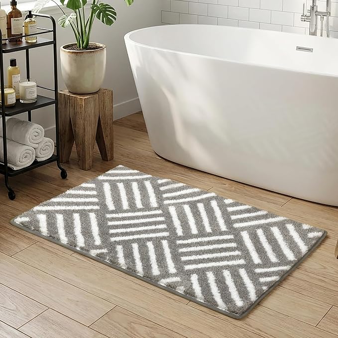 ORTIGIA Striped Gray Bathroom Rugs Non Slip Washable, 20x30 Quick Dry Absorbent Soft Plush Microfiber Bath Mats, Bath Rugs for Bathroom Floor Carpet for Sink Bedroom