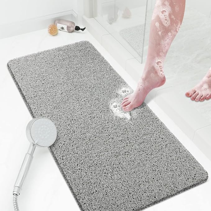 Shower Mat Bathtub Mat Non-Slip,36x16 inch, Soft Tub Mat with Drain,PVC Loofah Bath Mat (Phthalate Free) for Tub and Bathroom,Quick Drying,Grey