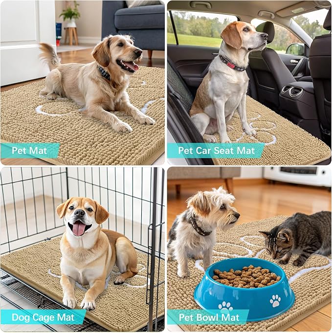 OLANLY Dog Door Mat for Muddy Paws 34x21, Paw Print Design, Absorbs Moisture and Dirt, Absorbent Non-Slip Washable Doormat, Quick Dry Chenille Mud Mat for Dogs, Entry Indoor Entryway Carpet, Beige