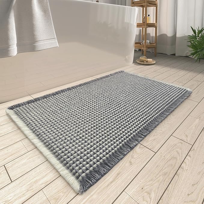 AMOAMI Upgraded Waffle Bath Mat, Super Absorbent Non Slip Bath Mats for Bathroom Floor, Washable Bathroom Rugs with Tassels, Rubber Backed Bathroom Mats, Ultra Soft, 20" x 32", Dark Grey & Cream