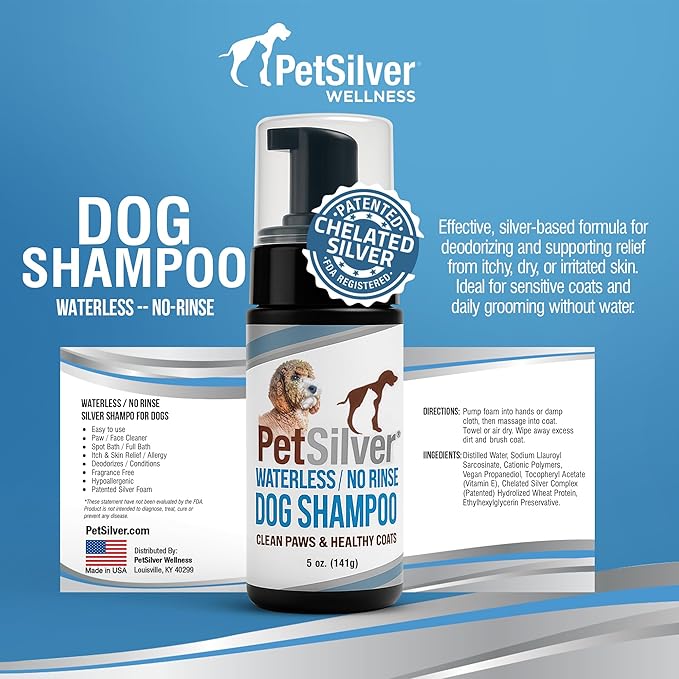 PetSilver Waterless Dog Shampoo - No Rinse Bath & Dry Shampoo for Dogs - Odor Control for Smelly Coats - Cleans, Conditions & Moisturizes - Hypoallergenic & Fragrance-Free - Patented Silver - 5 fl oz