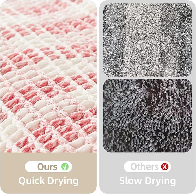 TYUU Waffle Bath Mat, Boho Bathroom Rugs Non Slip Washable Absorbent Checkered Bathroom Mat Quick Dry Cute Bath Mat, 48"x24" Pink and White