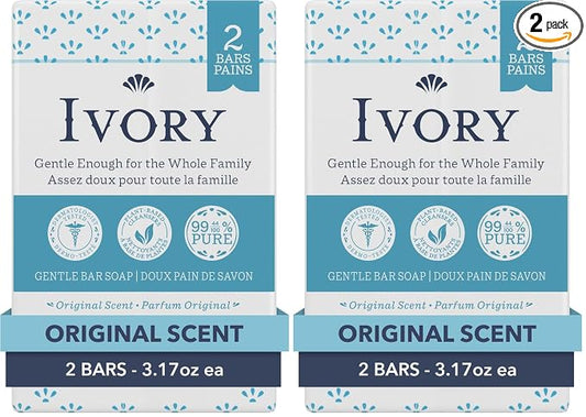 Ivory Gentle Bath Bar Soap, Designed for Whole Family, 99.44% Pure Formula with Plant-Based Cleansers, Made Without Heavy Perfumes, Parabens or Phthalates, Original Scent, 3.17 oz (2 Count)(Pack of 2)