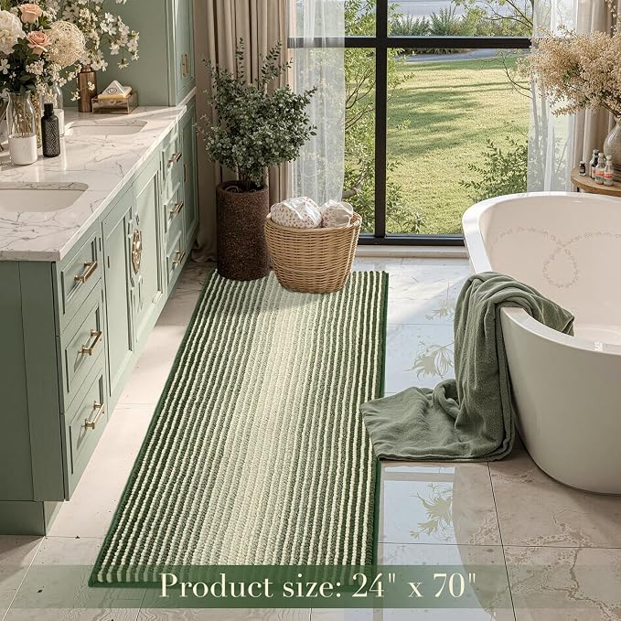 BSICPRO Large Bathroom Rugs, Bath Mat Rug for Bath Non Slip 24 x 70 Inches Water Absorbent Chenille Bathroom Runner Rugs Floor Mats Machine Washable (Green)