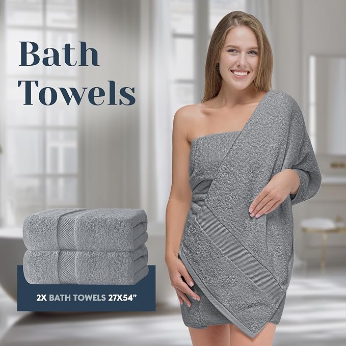 White Classic Luxury Bath Towel Set of 8 Pieces - 100% Turkish Cotton Highly Absorbent Towels for Bathroom, 2 Luxury Bath Towels 700GSM, 2 Hand Towels, 4 Washcloths, Dolphin Gray