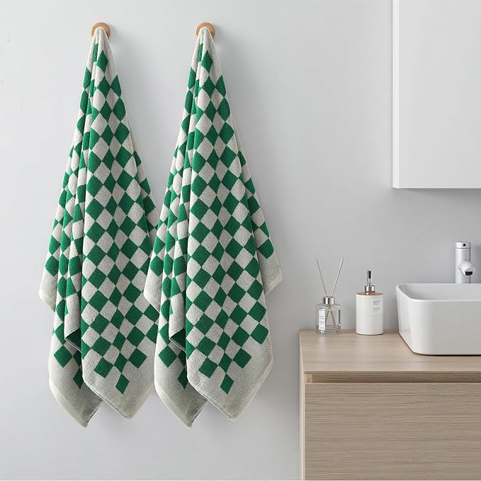 REDKISS 2 Piece Green Checkered Bath Towels Set -Highly Absorbent 600GSM Cotton Towels for Bathroom Decoration, Retro Green Checker Design