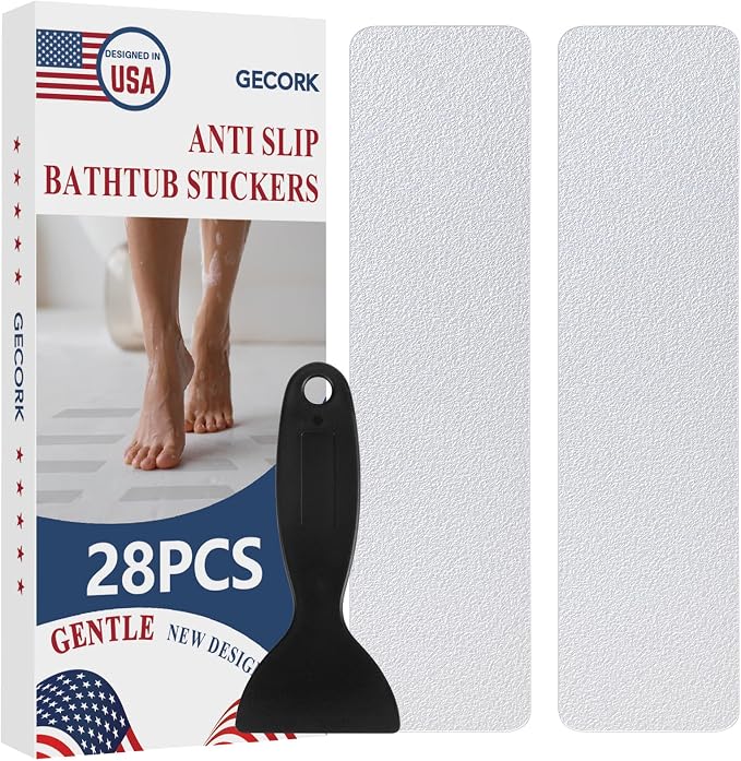 Gecork 28 PCS Shower Floor Non Slip Stickers with Strong Adhesive, Invisible & Durable Anti Slip Shower Stickers with Scraper for Bath Tub, Pools and Stairs, Clear, Wide Rectangle