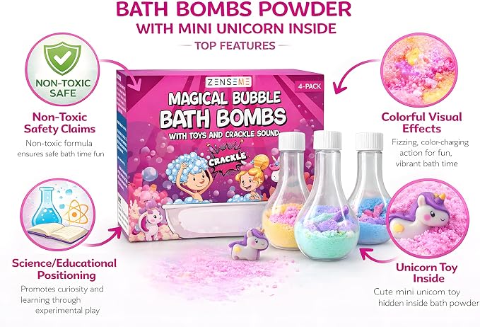 Kids Bath Bombs Powder with Mini Unicorn Inside – Bubble Bath for Kids – Bathtime Experiment Kit Mix - Blast of Foam & Colour Surprise – Gift Set of 4