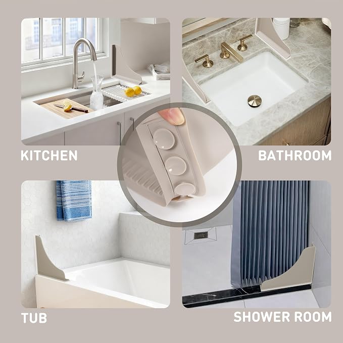 Roslim No-Adhesive Silicone Shower Corner Splash Guard, Reusable Suction Cup Water Blocker for Walk-in Showers & Bathtubs, Leak-Proof Seal Keeps Floor Dry, 2-Pack, Taupe（Small）