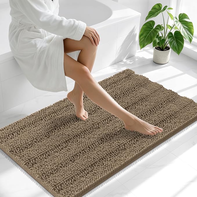 Smiry Thick Chenille Bathroom Runner Rugs 44x24, Extra Absorbent Striped Bath Mat, Machine Washable, Rubber Backing, Long Bath Rugs for Bathroom, Tub & Shower, Home Decor Accessories, Tan