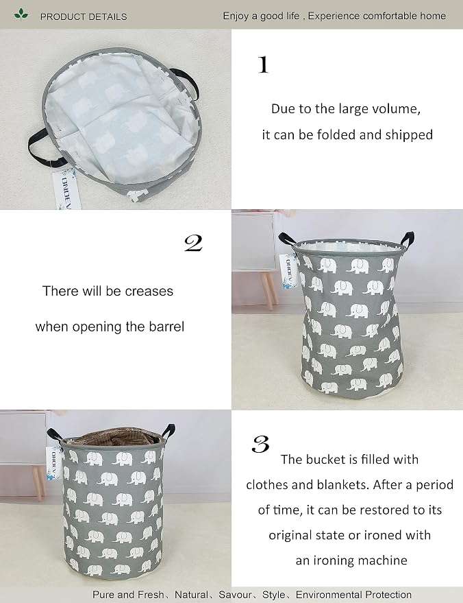 Round Elephant Laundry Hamper, Household Storage Bin | waterproof foldable canvas bin with sturdy grip handles, large capacity, tidy organizer for bath linens and kids garments