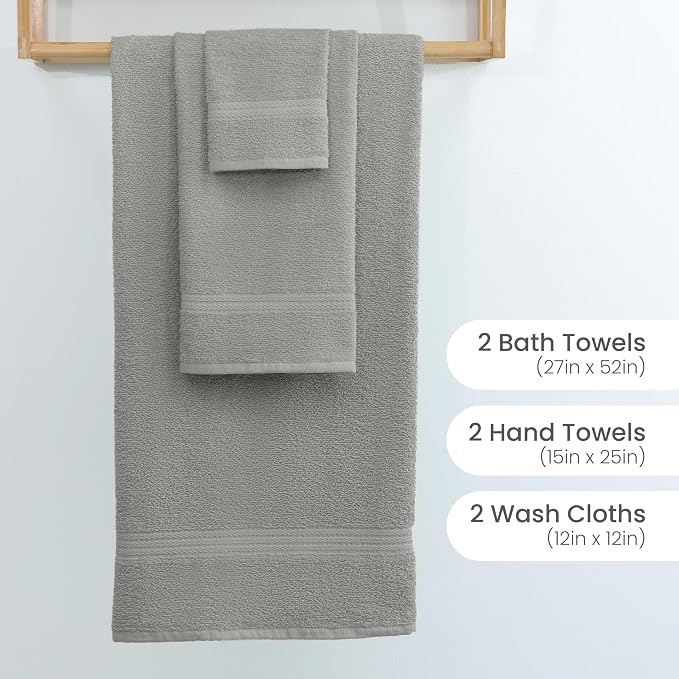 Martex Easy Living Everyday 6-Piece Bathroom Towel Set, Grey | 2 Bath Towels, 2 Hand Towels, 2 Wash Cloths, 100% Cotton, Soft, Quick-Dry