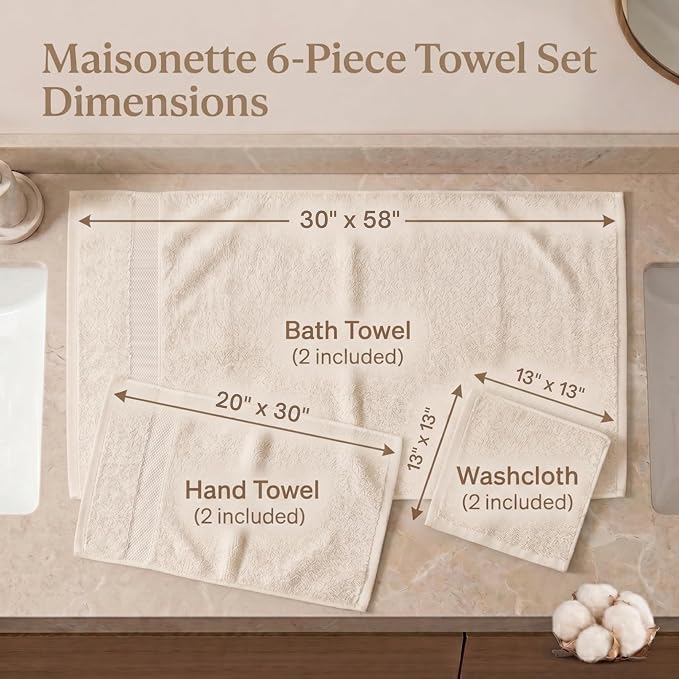 Maisonette Elegance 100% Organic Cotton Turkish Bathroom Towel Set, Soft & Absorbent, Ideal Quick Dry Luxury Hand, Large Luxury Bath Towels & Washcloths for Shower (6 Pack), Light Beige (Natural)