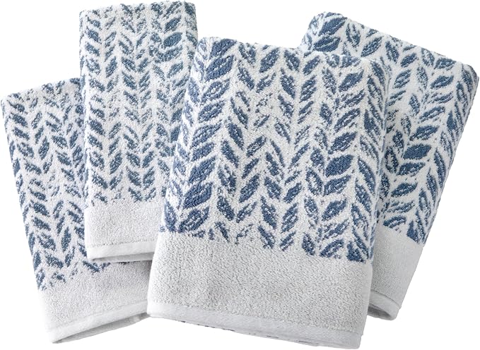 SKL Home Distressed Leaves 100% Turkish Cotton Premium 4-Piece Towel Set, 600 GSM, Soft & Absorbent Jacquard- 2 Bath Towels, 2 Hand Towels, Denim Blue