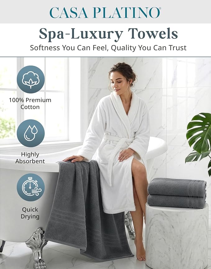 Casa Platino 100% Cotton Bath Towels Set of 4 (30"x60") - Ring Spun Mercerized Cotton Bathroom Towel Sets - Quick Dry, Soft & Absorbent Grey Towels Set - Pre Shrunk, Fade Resistant - Ultimate Grey