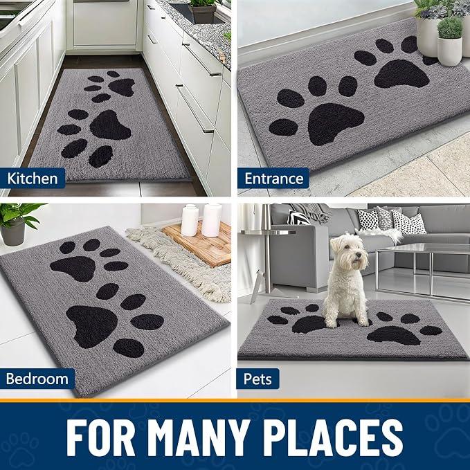 Smiry Dog Door Mat for Muddy Paws, Absorbs Moisture and Dirt, Low-Profile Entryway Mat with Non-Slip Backing, Entry Indoor Outdoor Doormat for Inside Floor (48x32 Inches, Grey, Paw)