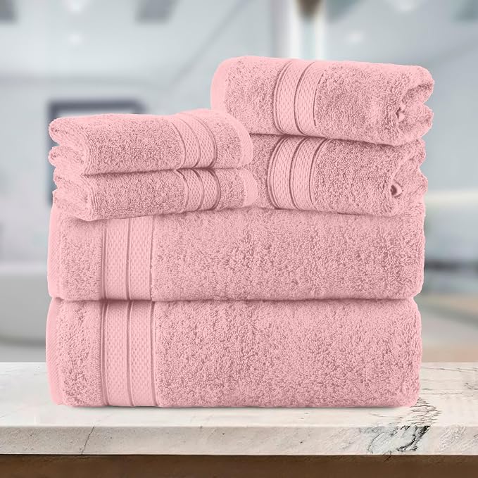Elegant Comfort Luxury 6-Piece Towel Set, Premium Soft 100% Turkish Cotton, Three Line Popcorn Design 2 Bath Towels, 2 Hand Towels and 2 Washcloths Towel Set - Quick-Drying and Absorbent, Dusty Pink