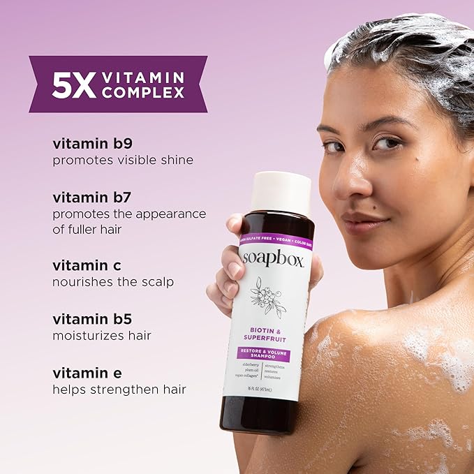 Soapbox Biotin & Super Fruit Shampoo & Conditioner Set, Leaves Hair Volumized & Strengthened - Clean Ingredients Free of Harsh Chemicals, Sulfates, Parabens & Silicones - 16 oz Each
