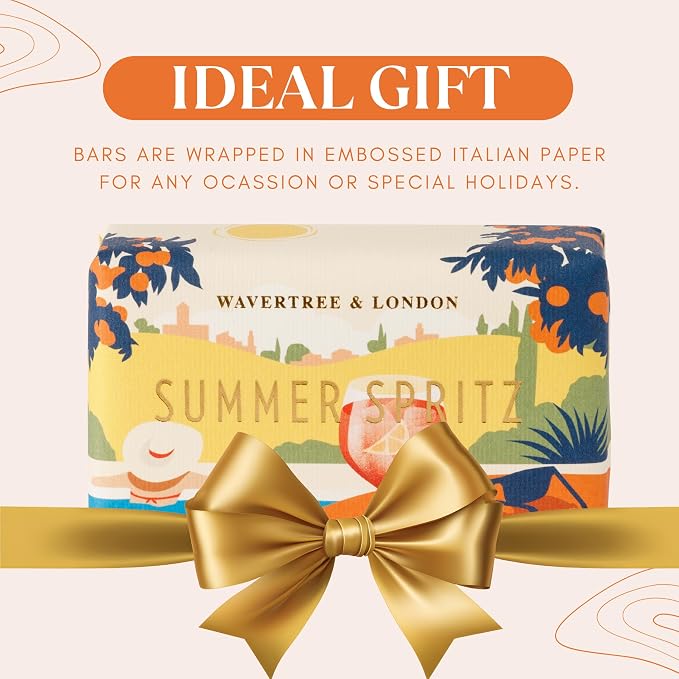 Wavertree & London Summer Spritz Scented Natural Soap Bar, 7oz Moisturizing French Triple Milled Soap Bar for Women & Men Enriched with Organic Shea Butter, Pure Bath & Body Soap (1 Bar)