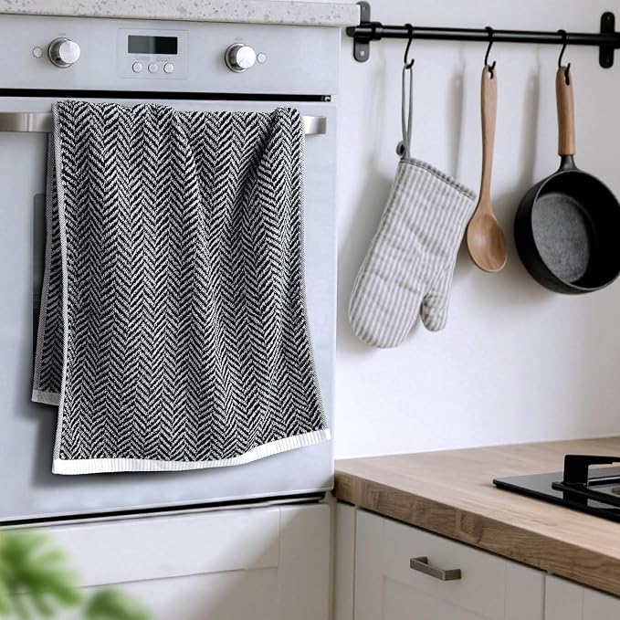 Cleanbear Black Hand Towels for Bathroom, 2 Pack Cotton Hand Towels with Herringbone Stripes, Soft Absorbent Quick-Dry, 14 x 29 Inches, Decorative Vintage for Bathroom & Kitchen