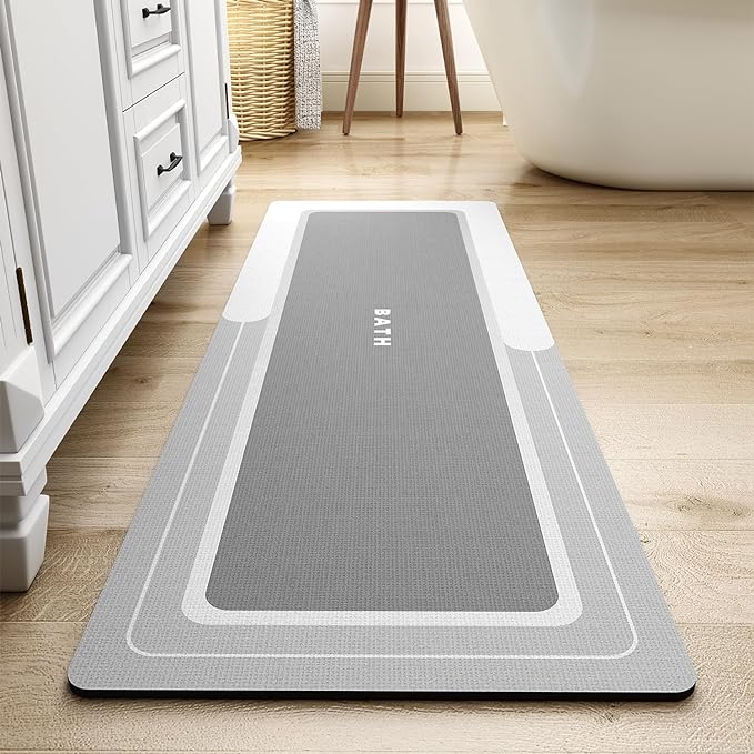 MontVoo-Bath Mat Rug Runner Long Bathroom Mat Non Slip Super Absorbent Stain Resistant Quick Dry Thin Bathroom Rug Fit Under Door-Bath Mats for Bathroom Floor Bathtub Vanity-Bathmat 17"x50" Grey
