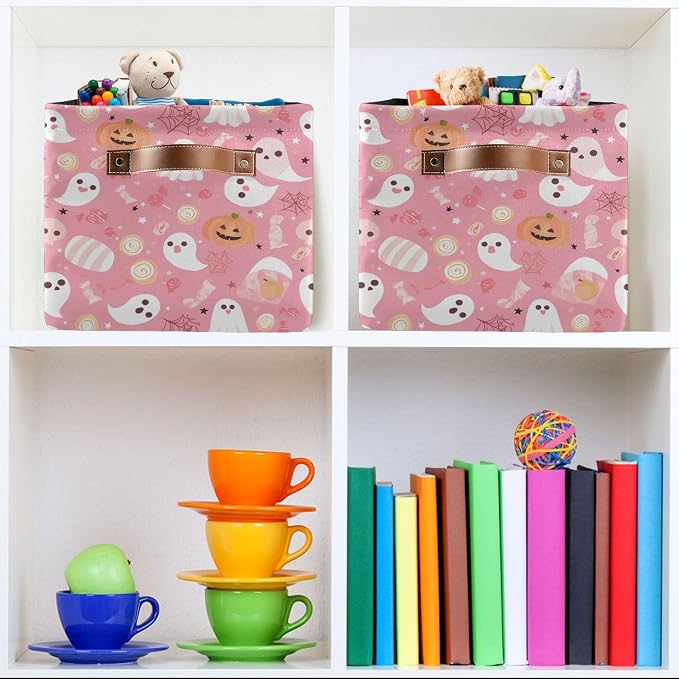 Wamika Halloween Pink Storage Basket with Waterproof Liner and PU Handles Pumpkin Ghost Candy Storage Bins Boxes 14.2" Collapsible Decorative Organizer Baskets for Bedroom Closet Office 2 Pack