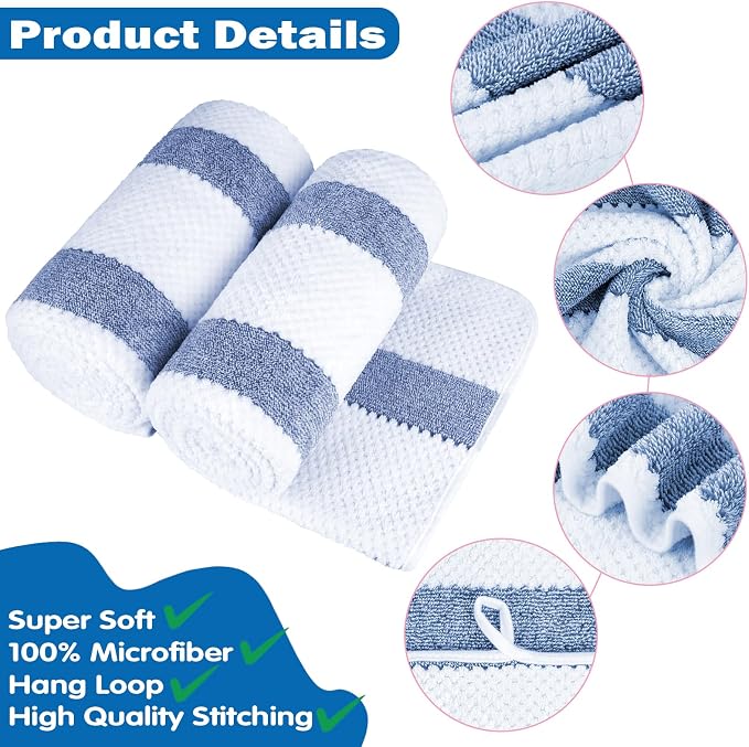 Microfiber Bath Towels Set of 2, 27 x 55 Inches Large Quick Dry Bath Towels, Super Absorbent Soft Striped Shower Towels, Lint Free Lightweight Towels for Bathroom, Travel, Spa, Beach