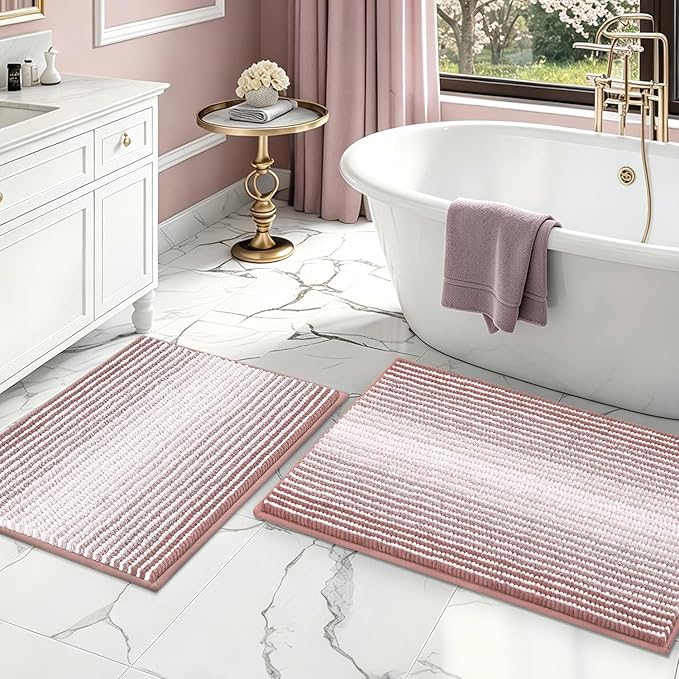 BSICPRO Bathroom Rugs and Mats Sets, 2 Piece Thick Absorbent Chenille Bath Mat Rug Set Non Slip, Soft Shaggy Bath Room Floor Mats for Bathroom, Machine Washable (20" x 32" Plus 16" x 24",Mist Pink)