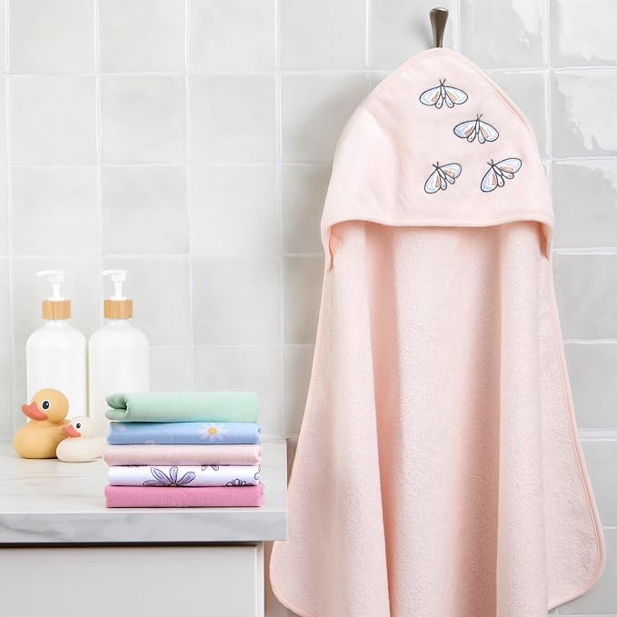 Evolur Supple Spa Kit with Towel, Includes Supple Baby Spa Set, Complementary Good Knight Hooded Towel & 5-Piece Washcloth Set in Pink, Spa Set Includes Bath Tub, Hammock Seat and Metal Frame